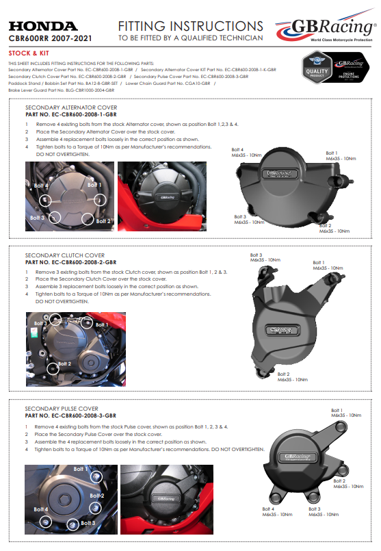 Capa do motor Proteções Conjunto completo GBRacing Honda CBR 600 RR (07-21) 